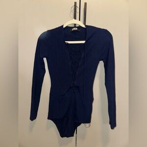 Reformation Navy Long  Sleeve Deep av Neck Bodysuit Top Size Small